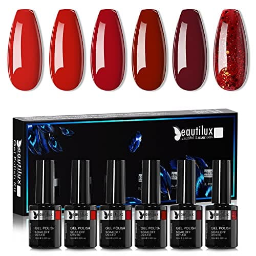 Beautilux Vernis Semi Permanent, 6 Couleurs 10ml Soak Off Vernis Gel UV Semi Permanent Rouge Bourgogne Rouge Foncé, Vernis à Ongles Gel Soak Off Manucure Nail Art Kit (Série Rouge)