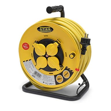 Stak REELPRO-FR-40 Enrouleur electrique professionnel, tambour fixe, water proof IP44 cable 40m en caoutchouc 3G2.5m? pour chantier, bricolage, jardin. 4 Prises, chassis acier, Jaune