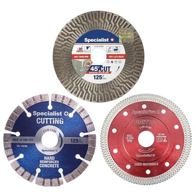 Specialist+ Jeu de disques diamantés, 3 pièces 125mm - disque diamant pour couper les carreaux, le marbre, le béton, la céramique, la pierre- disque diamant universel pour une coupe rapide et précise