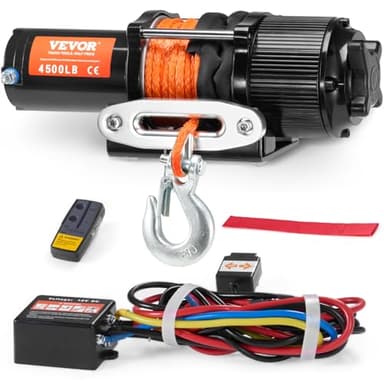 VEVOR Treuil Électrique VTT UTV Capacité de Traction 2041 kg 12 V CC, Corde Synthétique 12 Brins Φ 0,6x1188,7 cm, Guide-câble, Télécommande Sans Fil et Filaire, Étanche IP55, pour Remorquage VTT UTV