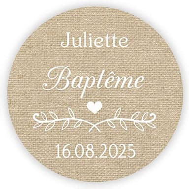 MameArt 50 STICKERS Autocollants Personnalisée Baptême Communion, Prénom et Date, 4cm Étiquettes Autocollants pour Mariage Anniversaire Ans Baptême Cadeaux Fête (Lin) 1FR1001A