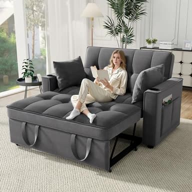 Canapé Convertible 2 Places avec Porte-gobelet et Dossier Réglable, Canapé Lit 2 Places avec Poches d'accoudoirs et Oreillers, Canapé 2 Places Pliable Multifonctionnel au Salon Chambre Appt, Gris