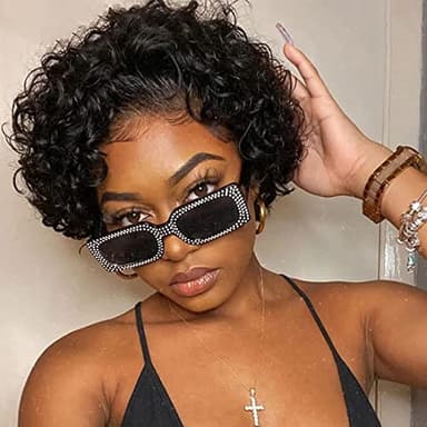 Fereowth 13x1 Lace Front Wig Short Culry Human Hair Perruque Femme Naturelle Brésilien Bouclée Courte Perruque Cheveux Humains Hair 150% Densité (Noires)