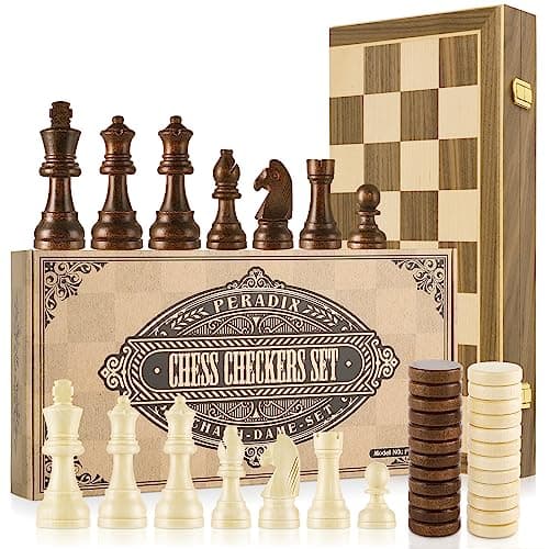 Peradix Jeu d'échecs et Dames 2 en 1 Echiquier en Bois Magnétiques, Echec Voyage Pliables, Jouets et Cadeaux de Jeux Éducatifs pour Adultes et Enfants (39 X 39CM, avec Double Dame)