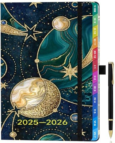 Agenda 2025-2026 Semainier A5 – Planificateur Hebdomadaire & Mensuel avec Onglets, Pages en Couleur, Couverture en Cuir PU, Pochette de Rangement et Stylo (Août 2025 - Juillet 2026) - Planet