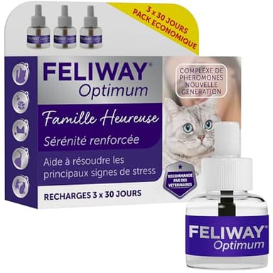FELIWAY Optimum 3X 30 Jours - Pack Economique - 3 Recharges pour Diffuseur de Phéromones Apaisantes pour Chats (3X 48ml) - Aide à Réduire Les Signes de Stress chez Les Chats et Les Chatons
