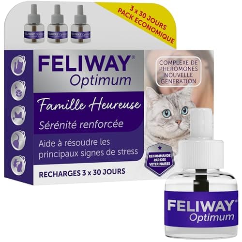 FELIWAY Optimum 3X 30 Jours - Pack Economique - 3 Recharges pour Diffuseur de Phéromones Apaisantes pour Chats (3X 48ml) - Aide à Réduire Les Signes de Stress chez Les Chats et Les Chatons