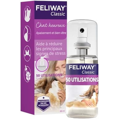 FELIWAY Classic Spray 60 ml - Phéromones Apaisantes pour Chats - Apaise les Chats à la Maison et Réduit le Stress lors du Transport - Recommandé par les Vétérinaires - Scientifiquement Prouvé