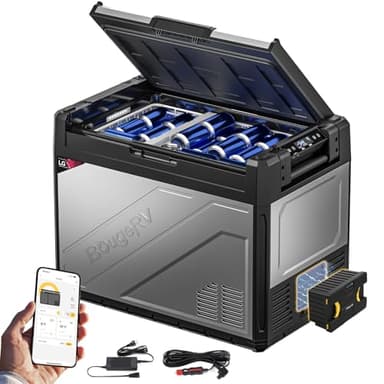 BougeRV Rocky 65L Glacière à Compression avec Batterie Rechargeable de 173 Wh Frigo Portable 12V 220V Compresseur de 5,7cc Double Zone Voiture Réfrigérateur Congélateur Camping Car Van Bateau -20℃