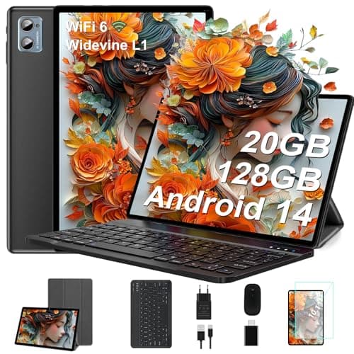 Tablette 2025 Nouvelle Tablettes 10 Pouces Android 14 avec 20Go RAM 128Go ROM WiFi 6, 5G+2.4G WiFi, Octa-Core, GMS Certified, Widevine L1, BT 5.0, Tablette Tactile avec Clavier| Souris| Etui -Noir