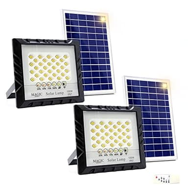2x Projecteur Solaire Extérieur 100W 128 LEDS + Panneau Photovoltaïque à Haute Conversion, Télécommande, Capteur d'allumage Automatique. Projecteur Solaire IP67 pour Éclairage, Jardin, Garage.