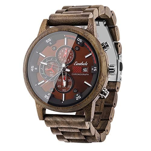 Emibele Montre en Bois pour Homme, Montre de Mode à Quartz, Chronographe avec Affichage de la Date, Montre Lumineuse Légère Faite à la Main, avec 3 Cadrans - Noyau