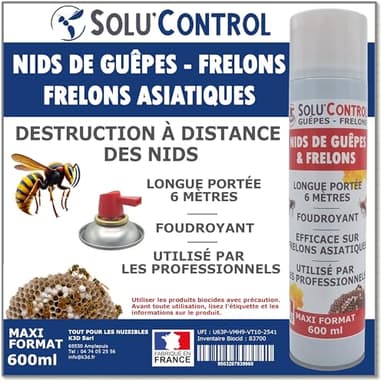 Bombe Guêpes, Frelons, Frelons Asiatiques - Maxi Format - 600ml - Destruction des nids - Longue portée 6m