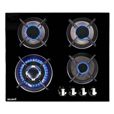 BELDEKO - Plaque de cuisson gaz - 4 Foyers - Double couronne - 7800W - encastrable - verre noir