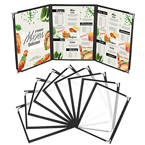Kurtzy Protege Menu A4 Triple Fold (Lot de 10) - Protège Carte Présentoir Transparent en Vinyle et Reliure Noire Style Américain avec Coins de Protection en Acier Inoxydable pour Restaurant, Bar, Café
