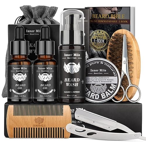 Kit Soins Barbe pour Hommes, Meilleurs pour Papa Lui Mari Petit ami, Set Outils Complet de Toilettage et Coupe – Shampoing Barbe, Huile Croissance Barbe, Baume, Brosse, Peigne, Moustache Ciseaux
