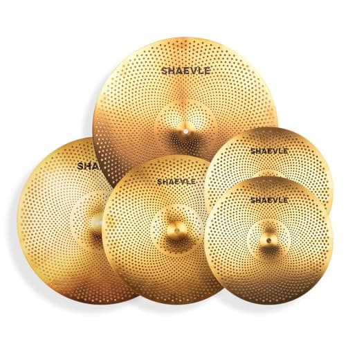 SHAEVLE Lot de cymbales dorées à faible volume 35,6 cm Hi-Hat + 40,6 cm Crash + 45,7 cm Crash + 50,8 cm Ride Quiet Drum Cymbal Pack pour la pratique
