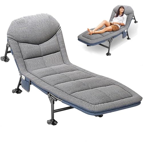 Lit de Camp Pliable 1 Personne avec Matelas, Lit de Camping pour Adultes, 5 Positions Dossier Réglable, 190x65x30cm Bedchair Peche Carpe Lits de Camp et Hamacs pour Jardin Camping Extérieur, Gris