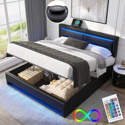 Lit 140 x 190 avec Sommier LED et USB, Lit Coffre 140x190 avec Rangement et Tete de Lit, Lit Double avec à Lattes Lit 2 Personnes, Lit Rembourré Cadre de lit 140 x 190(sans Matelas)