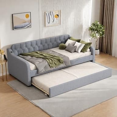 Canapé lit Convertible 90x200 cm avec Port USB,Cadre de canape lit 2 Places avec gigogne,clic-clac,méridienne gigogne,Gris(sans Matelas)