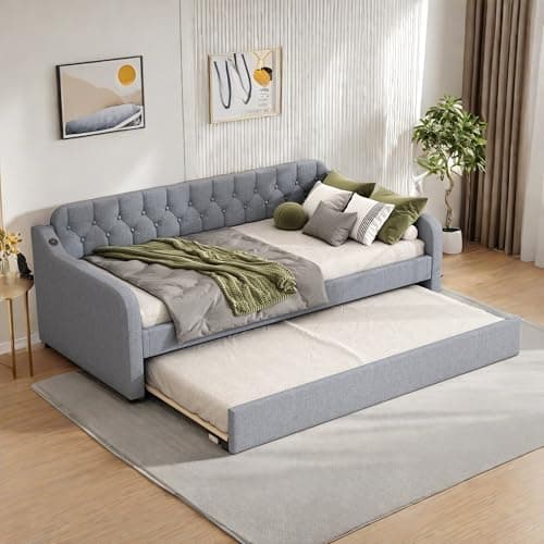 Canapé lit Convertible 90x200 cm avec Port USB,Cadre de canape lit 2 Places avec gigogne,clic-clac,méridienne gigogne,Gris(sans Matelas)