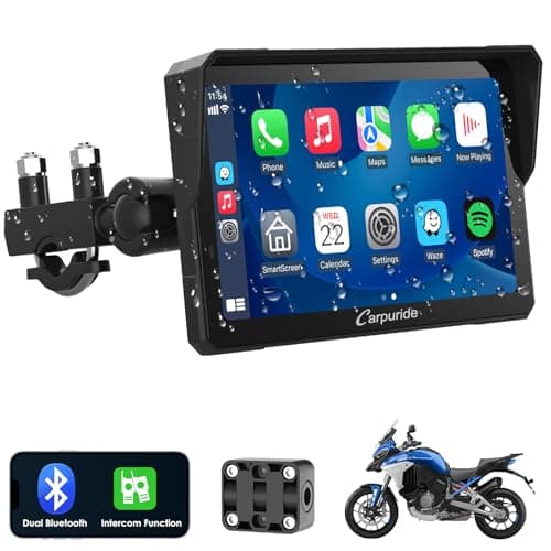 Carpuride W702 Pro Moto Carplay Écran avec Interphone Fonction, sans Fil Carplay et Android Auto, 7 Pouces Portable écran Tactile étanche, Amélioré Double Bluetooth, Navigation, Boussole, Baromètre.
