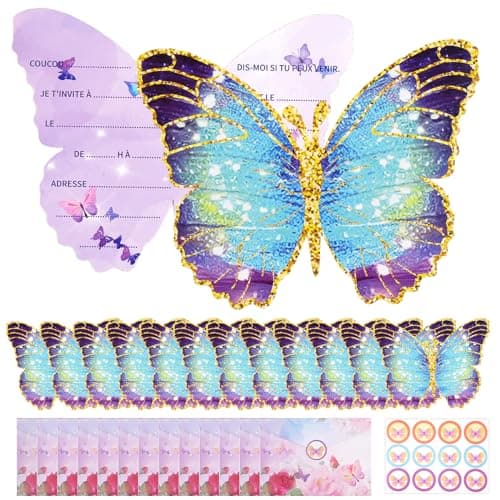 12 Pièces Carte Invitation Anniversaire Fille, avec 12 Enveloppes, et Auto-adhésif Autocollant, Cartes D'Invitation Papillon, Invitation Anniversaire Papillon en Francais, pour Fêtes D'anniversaire