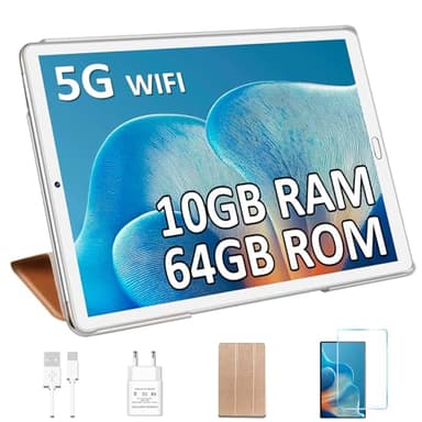 YESTEL Android Tablette 10 Pouces avec 5G WiFi, 10 Go RAM + 64 Go ROM (1 to Extensible), GPS, 8 Core, 5MP + 8MP, Bluetooth 5.0, 6000mAh, USB-C, Tablette Tactile avec Cas, Or Rose