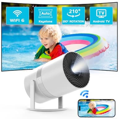 【Auto Keystone】Mini Videoprojecteur avec Android OS, Projecteur Portable WiFi 6 Bluetooth 4K Supportée HD 1080P avec 50% Zoom, Retrojecteur Home Cinéma Rotatif à 210°pour Handy Phone/TV Stick/HDMI/USB