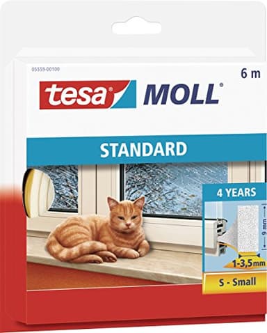 tesa Calfeutrer Joint Portes & Fenêtres - Profil I standard - Joint d'isolation Adhésif en Mousse - Blanc - 6 m x 9 mm x 4 mm