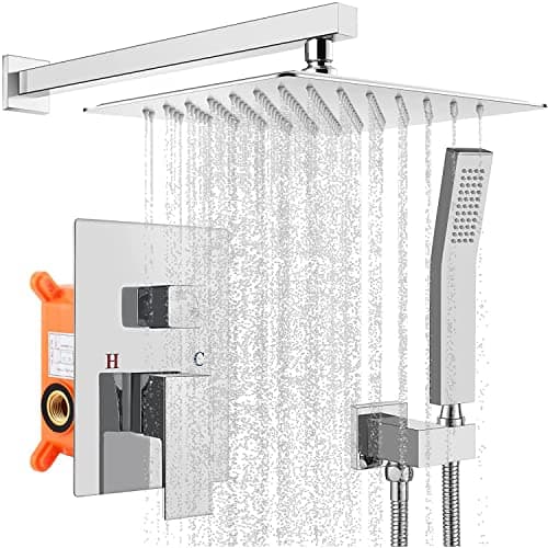 Colonne de Douche Encastrée, Ensemble de Douche Encastré, Douche Encastrable Set Chromé, Kit Douche Encastrable avec Tête de Douche Carrée 25x25cm- Laiton&Acier Inoxydable