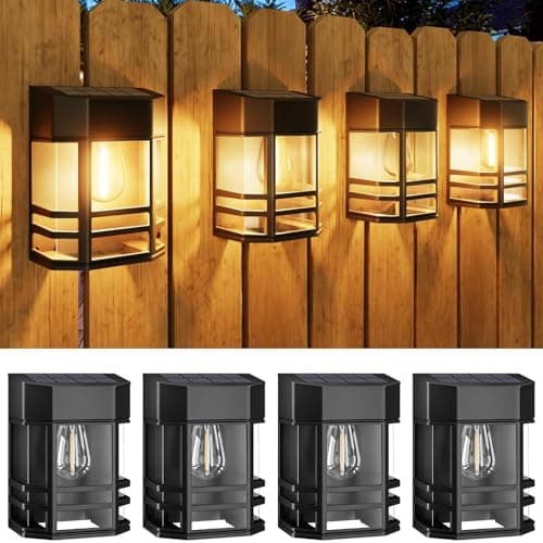 Lot de 4 Lampe Solaire Exterieur Rétro, LED Lumiere Solaire Exterieur IP65 Etanche Applique Murale Exterieur Solaire Décoration pour Jardin Cour Patio Balcon Clôture, 3000K Blanc Chaud Sans Fil