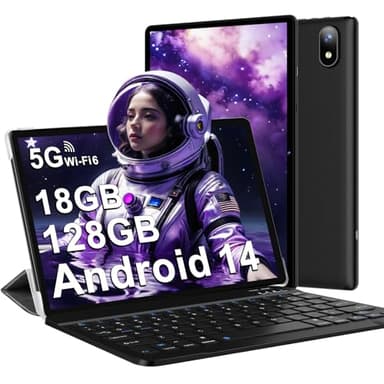 Tablette Android 14 avec 5G Wi-Fi 6, 18 Go RAM + 128 Go ROM(1 To Extensible), FHD Tablette Tactile avec Widevine L1, BT 5.0, 8 cœurs, 6000 mAh, 2 en 1 Tablette 10 Pouces avec Clavier et Souris, Noir