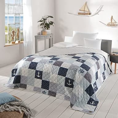 Delindo Lifestyle Couvre-lit Marine, Patchwork, 1 Personne, Bleu, 140 x 210 cm