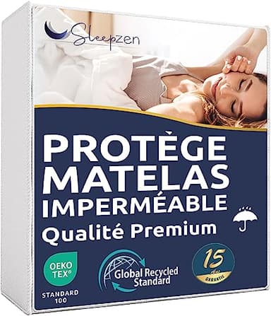 SLEEPZEN Aleze Protege Matelas 140x190 Impermeable Bonnet 30 cm Qualité Premium Oeko-TEX® et GRS®, Alèse Imperméable avec Coton Molleton Recyclé Ecologique, Forme Drap Housse