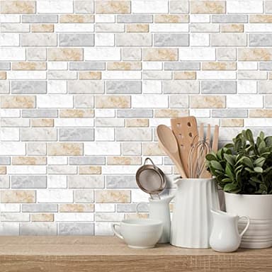 9 piezas Autocollants pour Carreaux Adhésive, Cuisine Salle de Bain Carrelage Autocollants Muraux, PVC Imperméable Design de Carreaux de Ciment,1 pièce 20 * 10cm (Couleur Crème, 9)