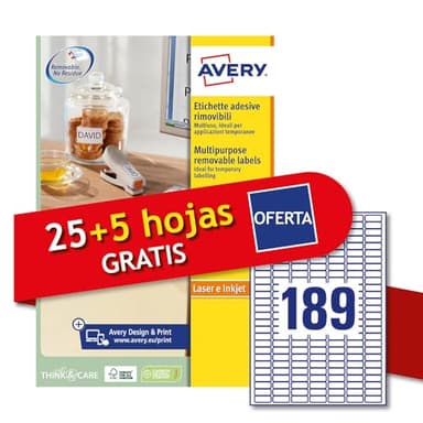 Avery Italia L4731REV-30P Étiquettes adhésives papier blanc adhésif amovible sans résidu, 25+5 feuilles supplémentaires, rectangulaires 25,4 x 10 mm, 189 étiquettes par feuille, autocollant amovible,