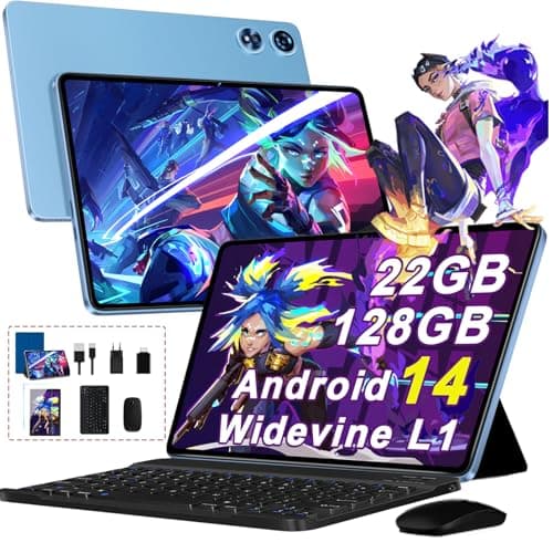 Tablette Android 14 10 Pouces | 22Go RAM + 128Go ROM (Extensible 1To) | Octa-Core 2.0 Ghz & WiFi 6/5G WiFi | Écran Widevine L1 | 8000 mAh | 5MP + 8MP | Bluetooth 5.0 | Clavier + Souris Inclus | Bleu