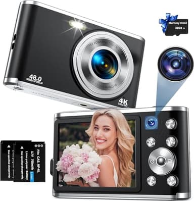 Appareil Photo Numérique,4K AutoFocus avec Double Caméra,Appareil Photo Numérique avec Carte de 32 Go,Zoom 16X, Grand écran de 2,8 Pouces,Caméra de Vlogging, Appareil Photo Compact pour Débutants-Noir