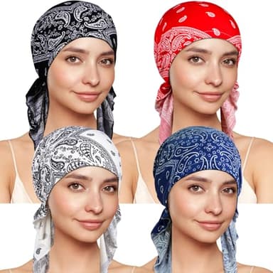 TSKNOMO Lot de 4 bandeaux chimio pré-noués pour femme, couvre-chef contre le cancer pour la perte de cheveux, Couleur 3., Taille unique