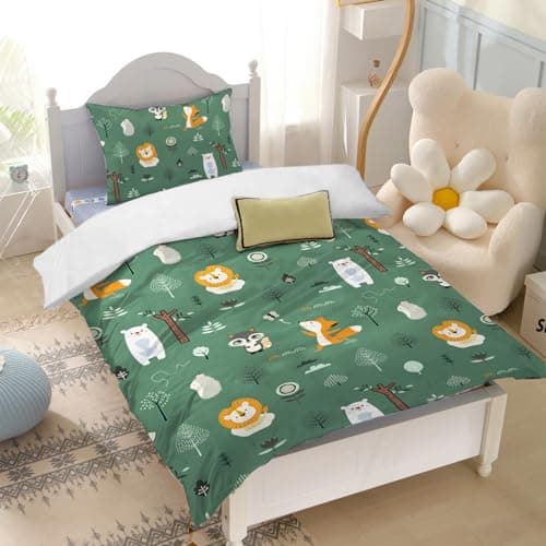 Yasida Housse De Couette 120x150 Enfant Vert Microfibre Parure De Lit Enfant 120x150 ForêT Animaux avec Motif Imprimé Lion/Renard/Ours 2 PièCes Literie pour Enfants avec 1 Taie d'oreiller 40x60 cm