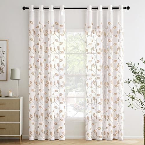 MIULEE 2 Panneaux Rideau Voilage Salon Moderne avec Motif Broderie, Tulle Rideau Transparent à Oeillets, Décoration Interieur Rideau Fenetre Chambre, Lot de 2 Rideau Voile, 140x245cm Beige