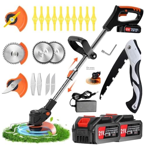 Débroussailleuse Electrique sans Fil 21V 2.0Ah ， Coupe Bordure avec 2 Batterie et3 Types De Lames,Debrouissalleuses Batterie/Coupe Bordure sans Fil avec Batterie Convient pour tondre Les Jardins