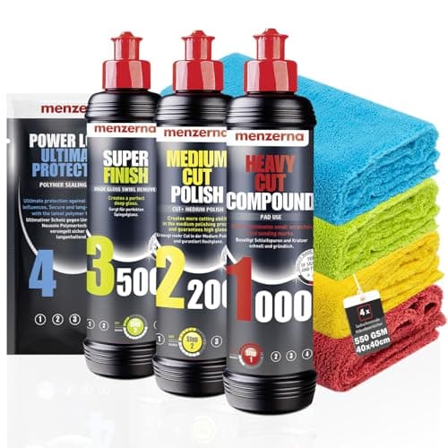 Menzerna Kit de Polissage pour Voiture : Menzerna Heavy Cut Compound 1000 + Medium Cut Compound 2200 + Super Finish 3500 + Power Lock Sachet 20ml + 4X Chiffon Microfibre 40x40cm