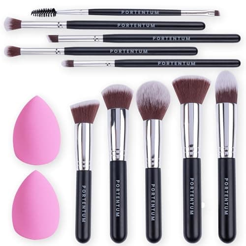 PORTENTUM Pinceaux Maquillages Professionnel (10+2pcs), Pinceau Maquillage Pour Fond de Teint Blush L'anti-cernes Fard à Paupières Poudre Libre, Avec Blender Eponge