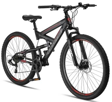 Licorne Bike Strong Vélo Tout Terrain 2D de qualité supérieure 27,5" pour garçon Fille Femme et Homme avec Frein à Disque Avant et arrière 21 Vitesses dérailleur Suspension complète Noir et Rouge