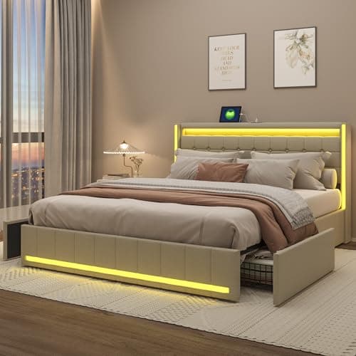 LONELYO lit 140x190 avec sommier,avec éclairage LED, Coffre de Rangement hydraulique, avec sommier à Lattes et tête de lit, Cadre de lit avec tiroirs et Espace de Rangement