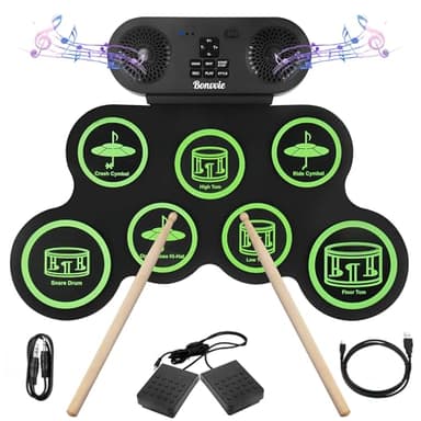 Batterie Électronique E-Drum Kit, Bonvvie Roll Up Tambour avec 7 pads, MIDI, DTC, Batterie Rechargeable 1200mAh Li-ion, Haut-parleurs Intégrés, Idéal pour Débutants, Étudiants et Passionnés de Musique