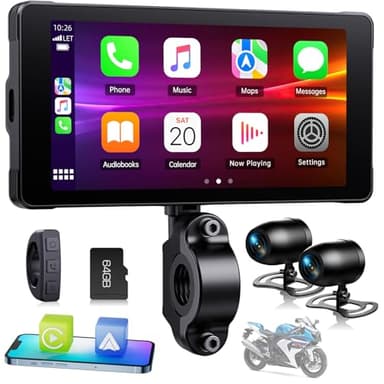 Volam Ecran Carplay Moto, Portable sans Fil Carplay et Android Auto pour Moto avec 2K+1080P Caméra Tableau Bord Avant et Arrière,5,5 Pouces écran Tactile, Navigation, Siri/G-oogle, APP, Carte 64TF