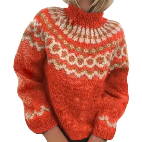 ticticlily Pull Femme Pull Col Roulé Chic et Élégant Chandail Motif Jacquard Tricoté Pullover Automne Hiver Basique Décontracté Ample Haut E Rouge L
